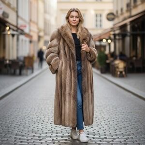 Elan Furs Natural Blonde Beaver Fur Coat Full Length Brown Tan Long Coat